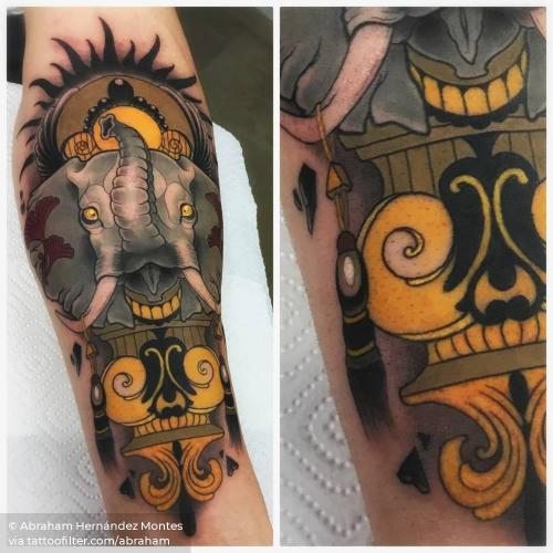 By Abraham Hernández Montes, done at Awara Tattoo, Seville.... abraham;animal;big;elephant;facebook;good luck;inner forearm;neotraditional;other;twitter