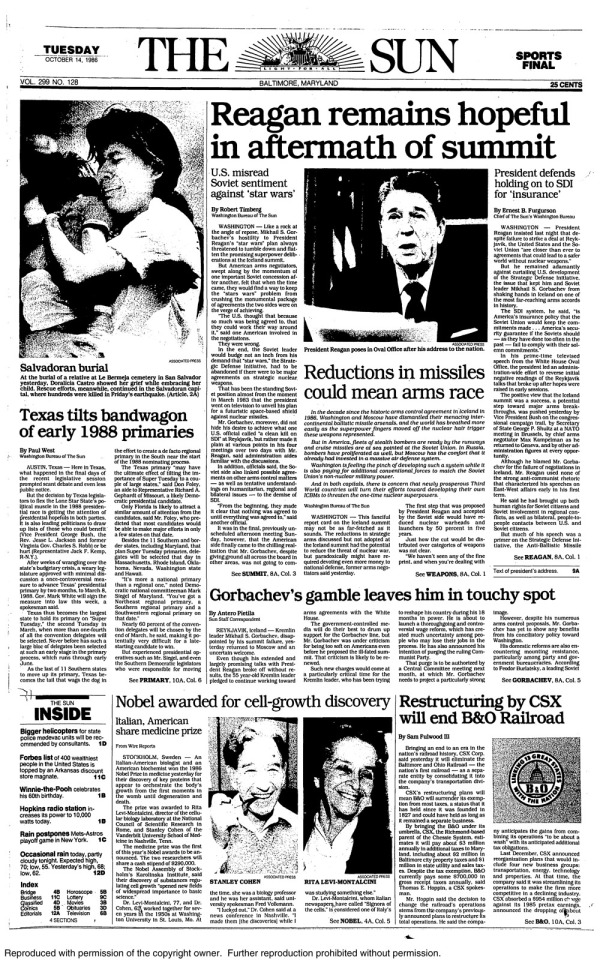 Retro Baltimore, The Sun Front Page: October 14, 1986 Click on the...