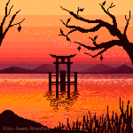 pixel art pixelart horizon japan sunset pixel artist mountain orange Aesthetic illustration pixel illustration
