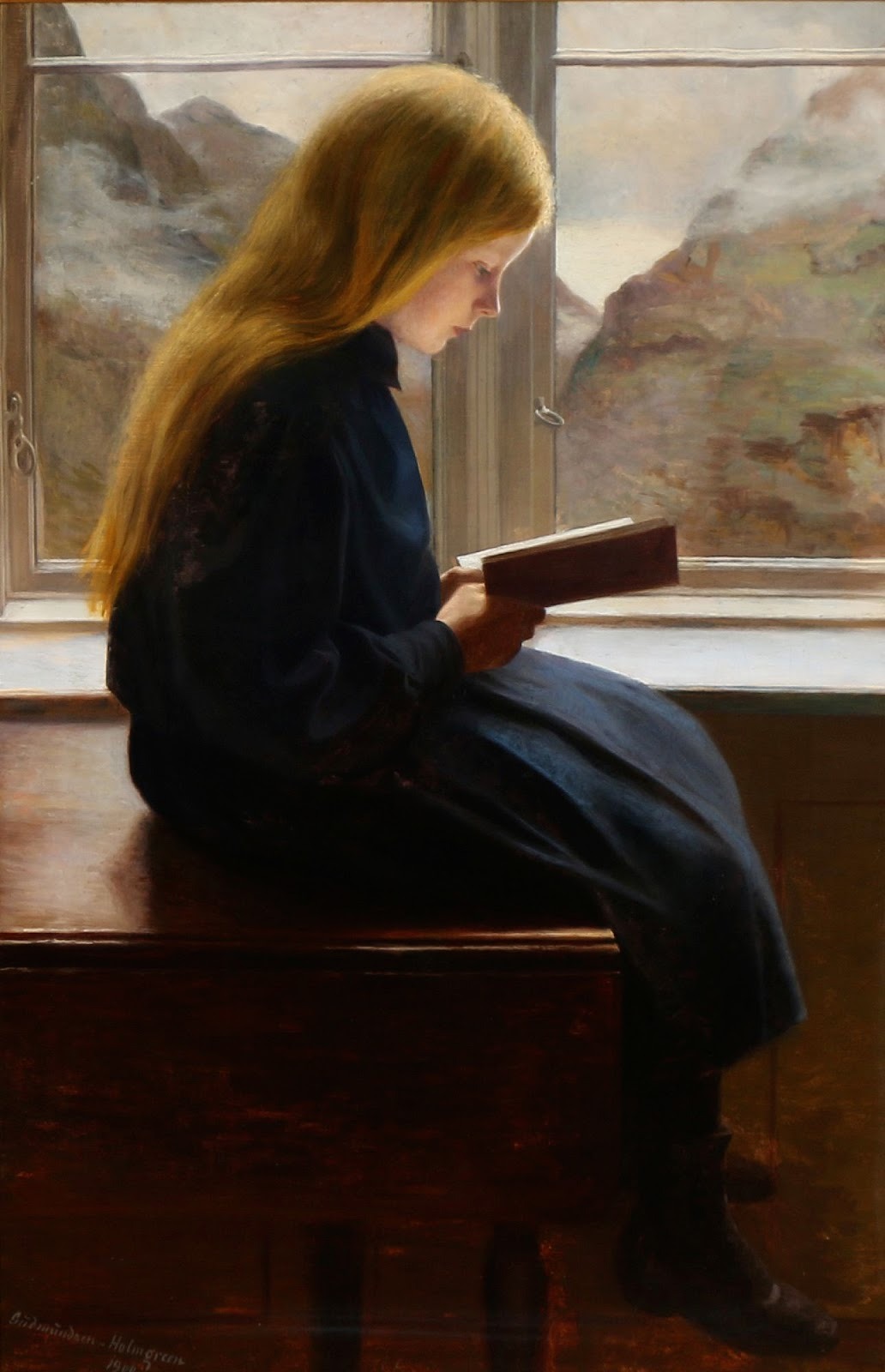 Læsende lille pige - A little girl reading (1900). Johan Gudmundsen-Holmgreen (Danish, 1858-1912). Oil on canvas.
A writer only begins a book, it is the reader who completes it; for the reader takes up where the writer left off as new thoughts stir...