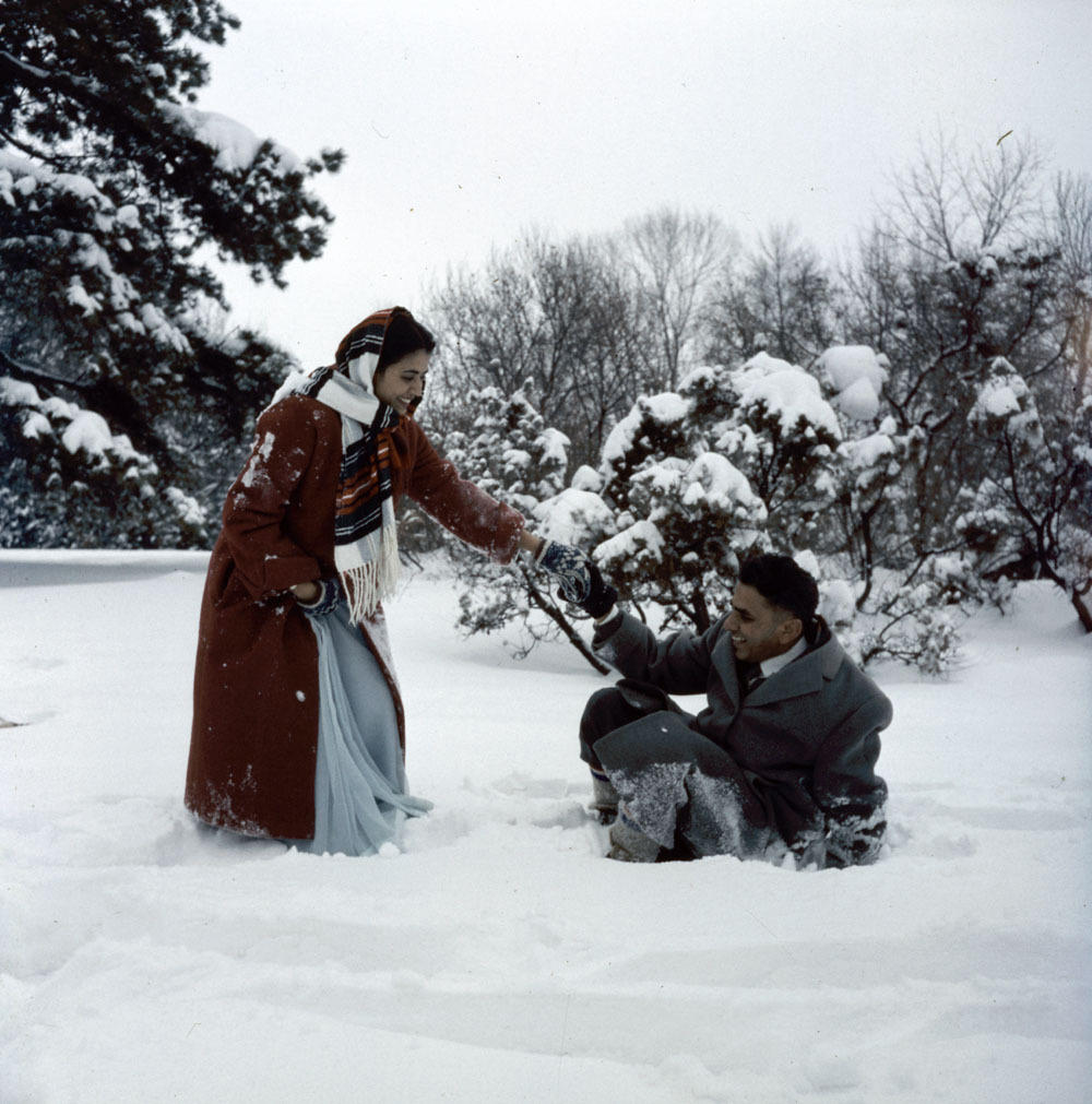 yesterdaysprint:“Woman helps man stand up in snow shoes, Ottawa, Ontario, ca. 1955 ”