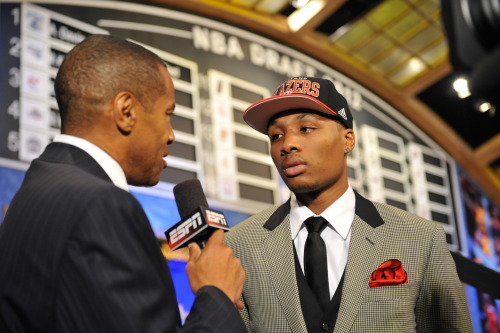 NEWARK, NJ - JUNE 28: Damian Lillard is being interviewed...