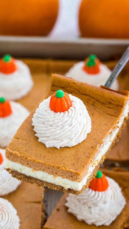 sweetoothgirl:The Ultimate Pumpkin Cheesecake BarsYum!