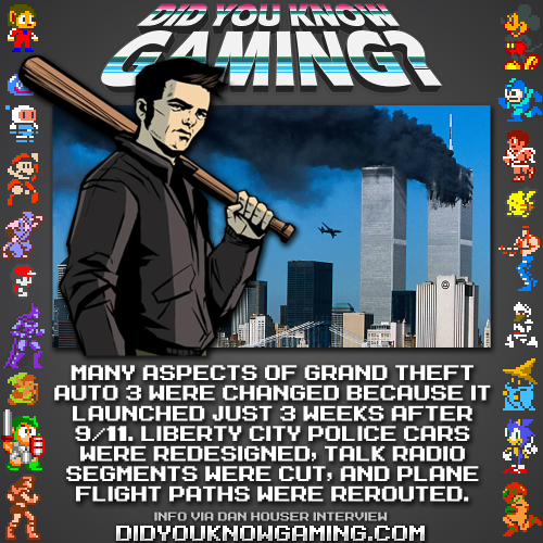 Did you know Grand Theft Auto 3 was changed because it launched just 3 weeks after 9/11? Cops cars were redesigned to look less like NYPD cars, dialogue was cut, and planes’ flight paths were rerouted.
Source: tinyurl.com/ybu5xw7b
More GTA Facts:...