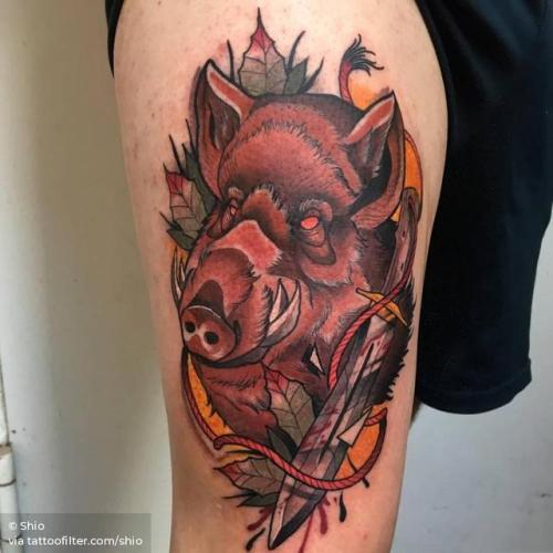 By Shio, done at Blessed Tattoo, Zaragoza.... shio;big;animal;thigh;wild pig;facebook;twitter;neotraditional