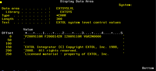 EXTSYSLVL Data Area (DTAARA) for EXTOL EDI Integrator