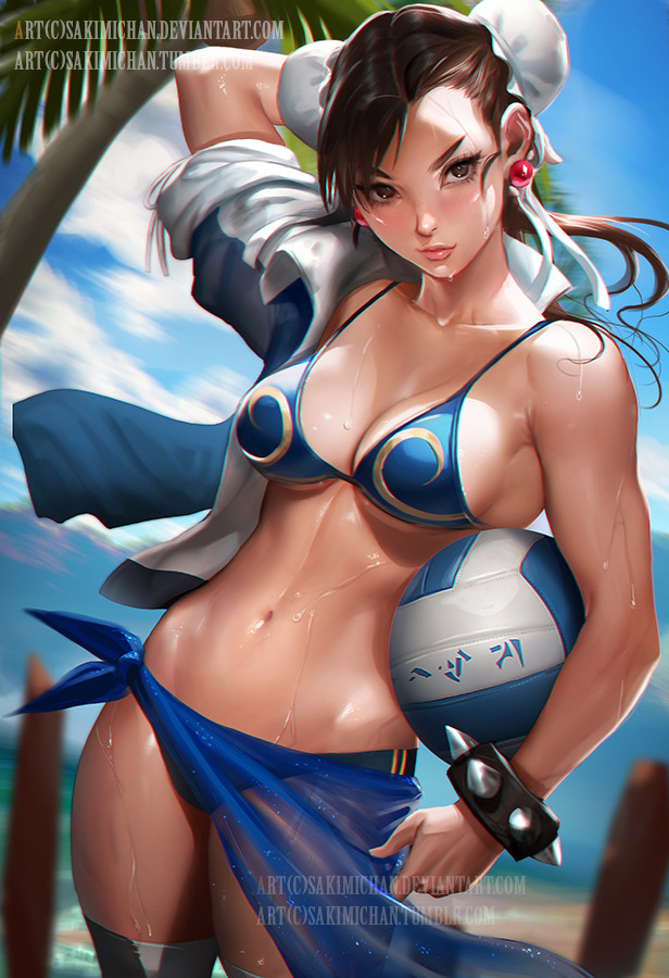 SakimiArt Chun li Volleyball ,beach day !semi nude pinup for...