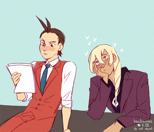 twunk boutta pounce [image is a drawing of apollo leaning against klavier’s desk, reading a sheaf of papers while klavier gazes...