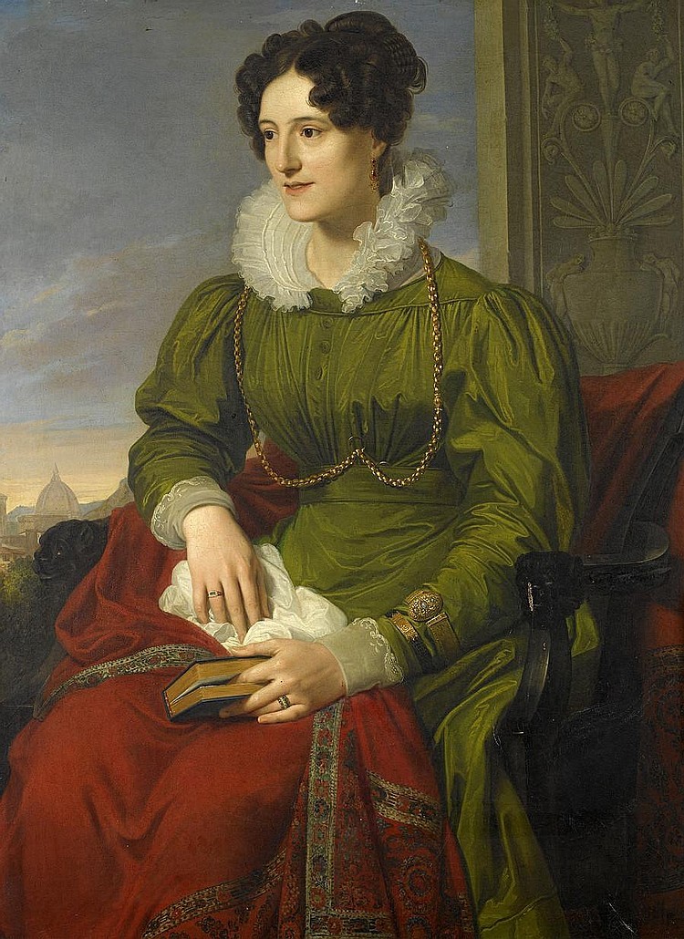 Portrait of British cavalry officer’s wife, three quarter length seated, wearing a green dress, holding a book with a view of Florence in the background (1826). Giuseppe Bezzuoli (Italian, 1784-1855). Oil on canvas.
Paired with Portrait of a British...