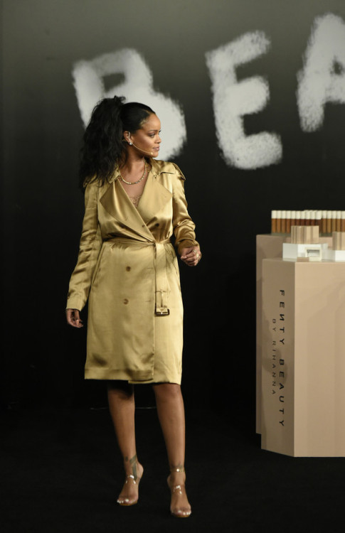 Rihanna speaks during her Fenty Beauty talk in collaboration...