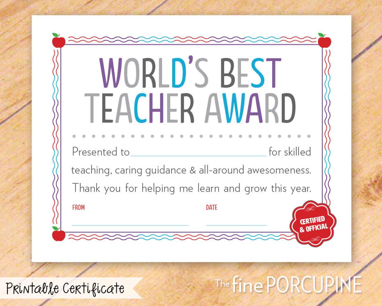 World’s Best Teacher Award, Printable Certificate,...