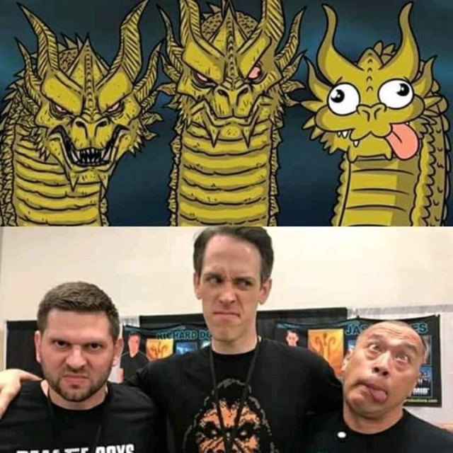 The Ghidorah meme with the right head glaring out, the middle head glaring at the left head who is sticking his tongue out. Below it, the mocap actors copy the faces of their respective heads.