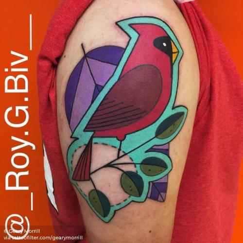 By Geary Morrill, done in Richmond. http://ttoo.co/p/28617 art;gearymorrill;big;cardinal;animal;contemporary;bird;facebook;twitter;charley harper;upper arm