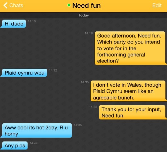 Need fun: Hi dude
Me: Good afternoon, Need fun. Which party do you intend to vote for in the forthcoming general election?
Need fun: Plaid cymru wbu
Me: I don't vote in Wales, though Plaid Cymru seem like an agreeable bunch
Me: Thank you for your input, Need fun.
Need fun: Aww cool its hot 2day. R u horny
Need fun: Any pics