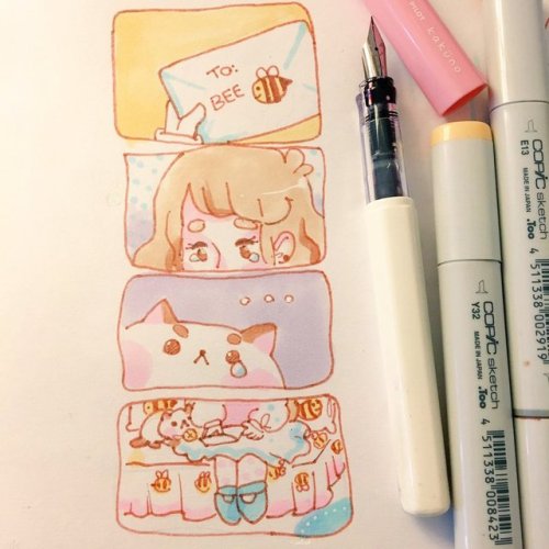 copic traditional art cute bee and puppycat bee and deckard bee art puppycat comicstrip fourpanel comic manga art amyart original art fanart kawaii cat marker