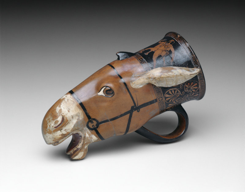 theancientwayoflife: “~Rhyton (Drinking Vessel) in the Shape of a Donkey Head. Culture: Greek Place of origin: Athens Artist: Attributed to the Painter of London E 55 (Manner of Douris) Date: ca. 480 - 470 B.C. Medium: Terra-cotta, red-figure...