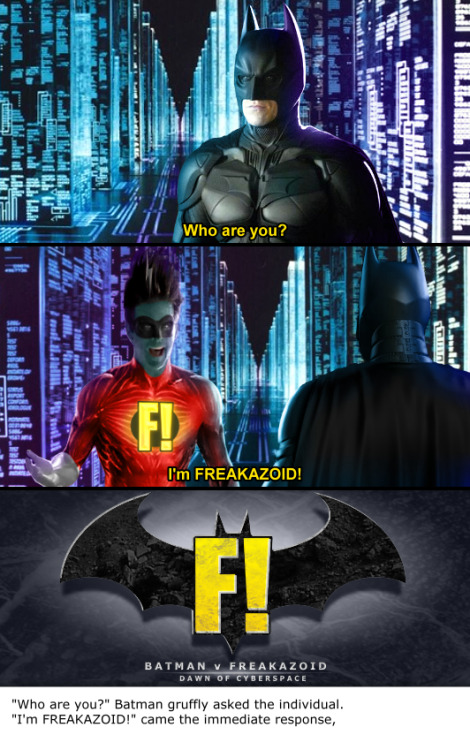 “Who are you?” Batman gruffly asked the...