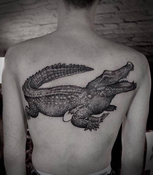 By Grindesign · Róbert Borbás, done at Rooklet INK, Budapest.... crocodile;reptile;big;animal;facebook;blackwork;upper back;twitter;grindesign robert borbas;illustrative