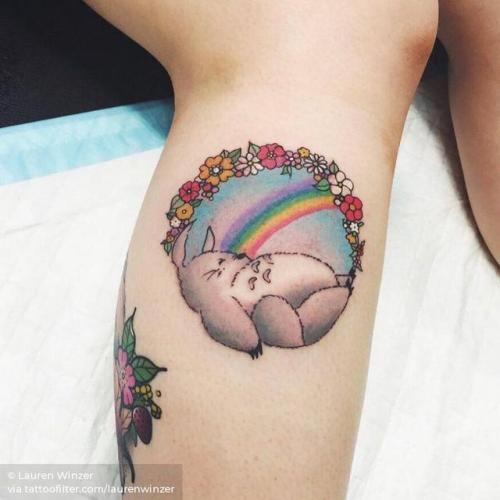 By Lauren Winzer, done at Hunter and Fox Tattoo, Sydney.... geometric shape;calf;small;good luck;rainbow;circle;laurenwinzer;little;ghibli character;tiny;lgbt;medium size;other;film and book;my neighbor totoro;cartoon character;fictional character;ghibli;totoro;activism;cartoon;ifttt;nature