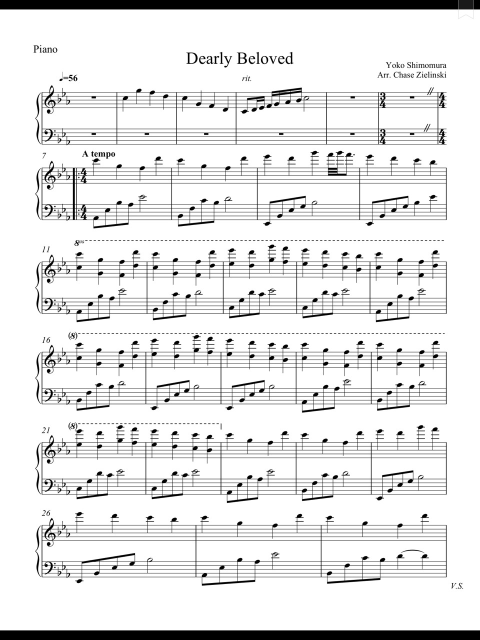 Piano Sheet Music — Dearly Beloved - Yoko Shimomura (Piano Sheet)