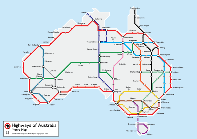 Australia’s highways mapped in the style of the... - Maps on the Web