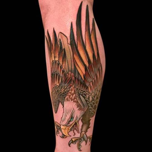 By Daniel Farren, done at Fable Tattoo Gallery, Richmond.... calf;big;animal;eagle;bird;facebook;twitter;danielfarren;new school