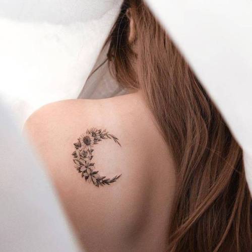 Tattoo tagged with: flower, small, astronomy, single needle, tiny, ifttt,  little, nature, shoulder blade, crescent moon, moon, ghinko 