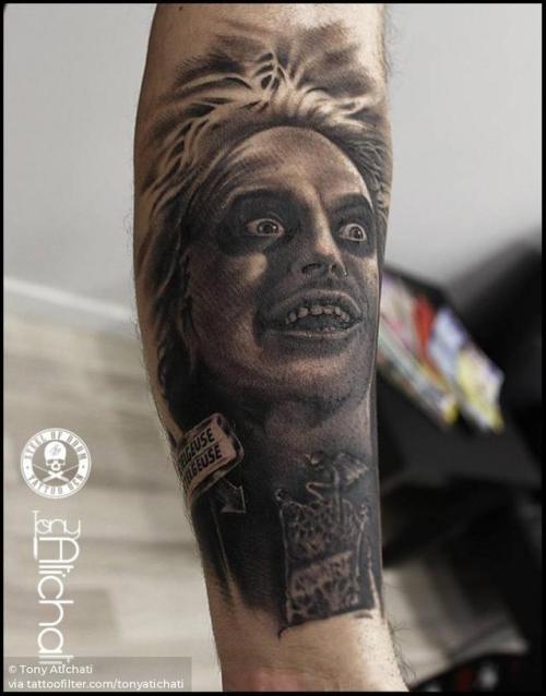 By Tony Atichati, done at 4º Sabadell Tattoo Convention,... film and book;tonyatichati;black and grey;big;facebook;twitter;beetle juice;portrait;inner forearm