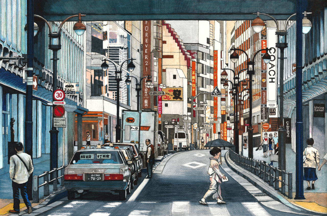 Tokyo Crossing by Erin Nicholls Marker and pencil illustration, A2. A Year in Japan series - August. Instagram | DeviantArt | Tumblr