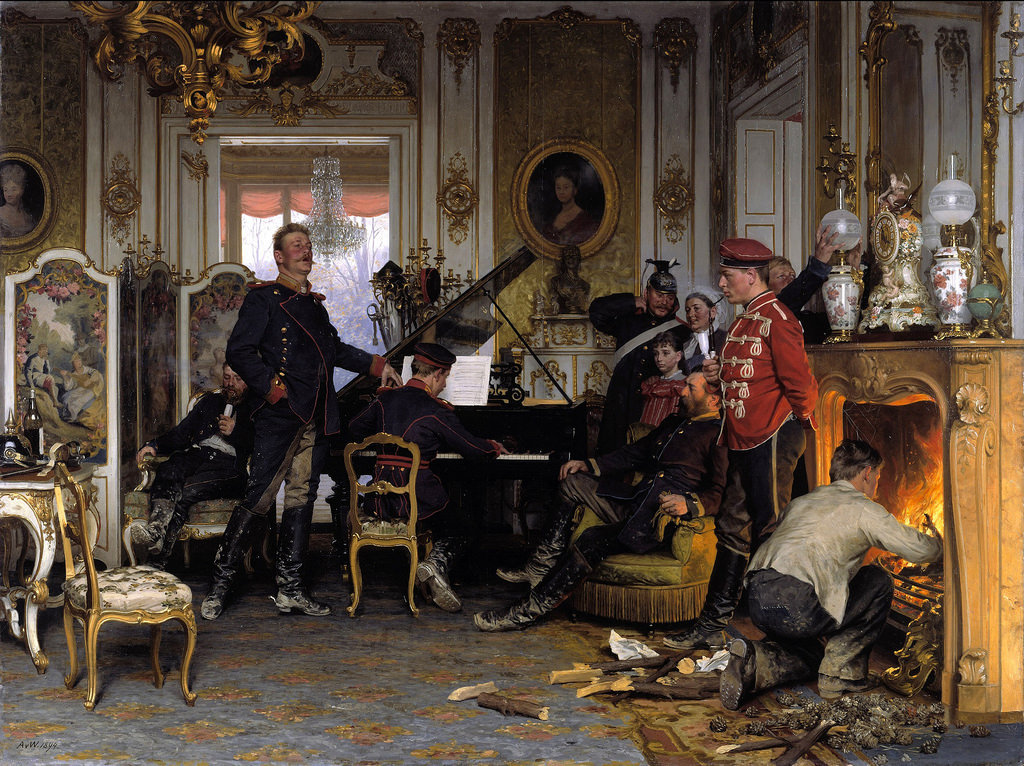 art-mirrors-art:
“  Anton von Werner - In the Troops’ Quarters Outside Paris (1894), and detail with a mirror
Oil on canvas, 120 x 158 cm
Alte Nationalgalerie, Berlin
”