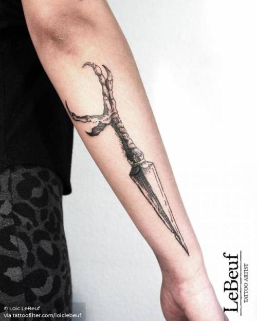 By Loïc LeBeuf, done at Grotesque Tattooing, Carouge.... surrealist;dagger;loiclebeuf;big;facebook;blackwork;forearm;twitter;engraving;weapon