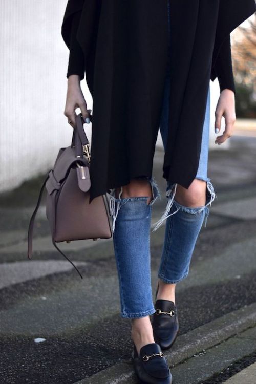 fashion rippedjeans loafers black minimalist simplicity minimal streetstyle streetfashion streetmode jeans coat