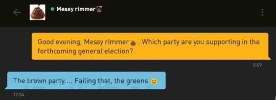 Me: Good evening, Messy rimmer?. Which party are you supporting in the forthcoming general election?
Messy rimmer?: The brown party.... Failing that, the greens ?