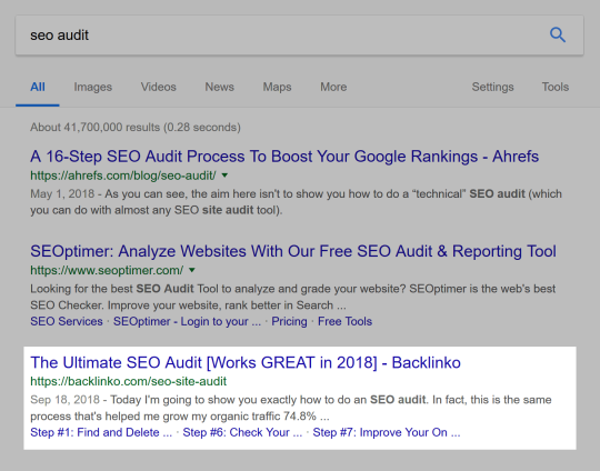 Backlinko content cracked top 3 for “SEO Audit” within weeks Backlinko content cracked top 3 for