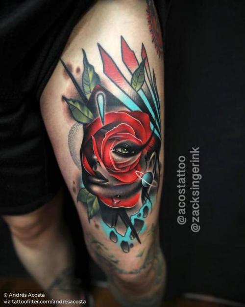 By Andrés Acosta, done at 5th Dallas Art and Tattoo Expo,... flower;surrealist;zacksinger;andresacosta;big;rose;women;thigh;facebook;nature;realistic;twitter;other