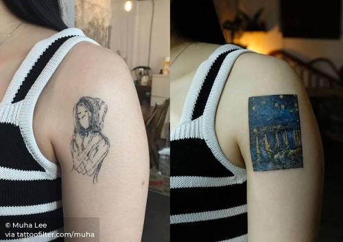 By Muha Lee, done in Seoul. http://ttoo.co/p/34505 art;europe;facebook;location;medium size;muha;netherlands;patriotic;shoulder;starry night over the rhone;cover ups;twitter;van gogh