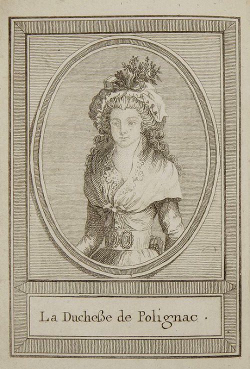 An engraving of the duchesse de Polignac, circa 1790. From ‘Correspondence of the Queen with Illustrious Personages,’ a pamphlet printed in 1790 denouncing Marie Antoinette, particularly her relationship with the duchesse de Polignac. [source: Ader,...