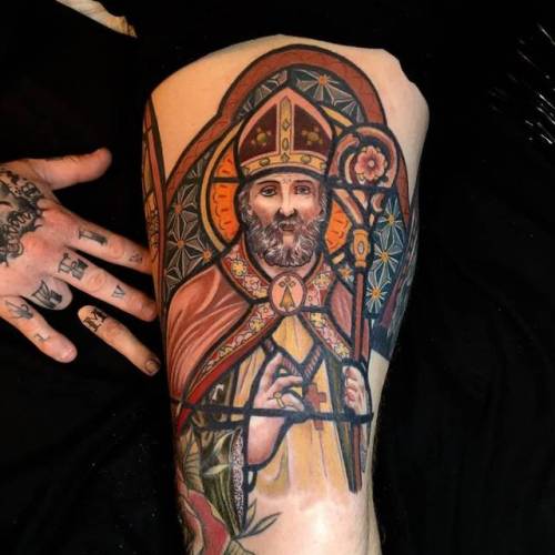 By Mikael de Poissy, done at Mikael de Poissy Tattoo Parlor,... stained glass;saint;big;contemporary;thigh;facebook;twitter;experimental;religious;mikaeldepoissy;other;illustrative