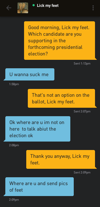 Me: Good morning, Lick my feet. Which candidate are you supporting in the forthcoming presidential election? Lick my feet: U wanna suck me Me: That's not an option on my ballot, Lick my feet. Lick my feet: Ok where are u im not on here to talk abiut the election ok Me: Thank you anyway, Lick my feet. Lick my feet: Where are u and send pics of feet