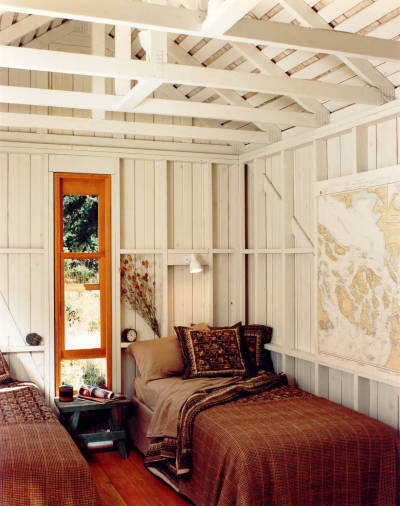 Exposed Beams in Rustic Camp Cabin, softened by lots of White  Rich, Cozy Bedding [1222 x 1546]