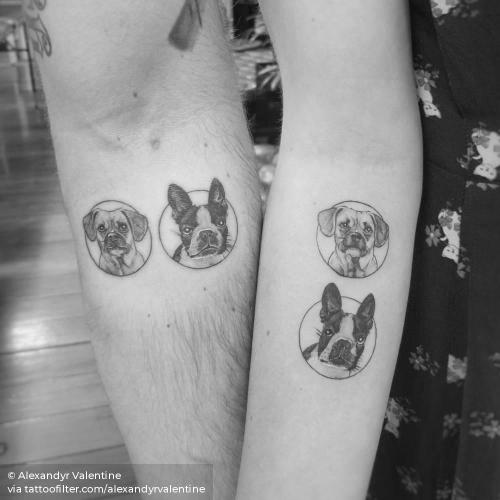 By Alexandyr Valentine, done in Brisbane. http://ttoo.co/p/30019 alexandyrvalentine;animal;boxer dog;couple;dog;facebook;france;french bulldog;germany;inner forearm;love;matching;matching tattoos for couples;patriotic;pet;single needle;small;twitter
