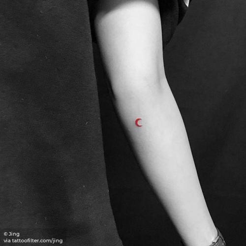 By Jing, done at Jing’s Tattoo, Queens.... jing;small;astronomy;micro;tiny;ifttt;little;red;crescent moon;minimalist;moon;experimental;inner forearm;other
