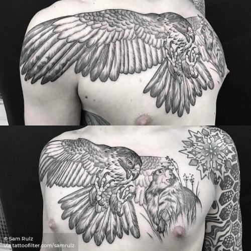 By Sam Rulz, done at Vienna Electric Tattoo, Vienna.... marmot;big;animal;chest;eagle;rodent;bird;samrulz;facebook;twitter;engraving
