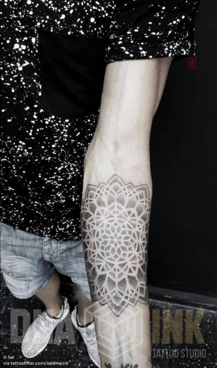 By Sei, done at DNA Ink Studio, Dénia. http://ttoo.co/p/29111 seidnaink;dotwork;of sacred geometry shapes;mandala;facebook;twitter;sacred geometry;inner forearm;medium size