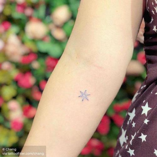 By Chang, done at West 4 Tattoo, Manhattan.... small;snowflake;chang;micro;tiny;blue;ifttt;little;nature;minimalist;experimental;inner forearm;other;four season;illustrative;winter