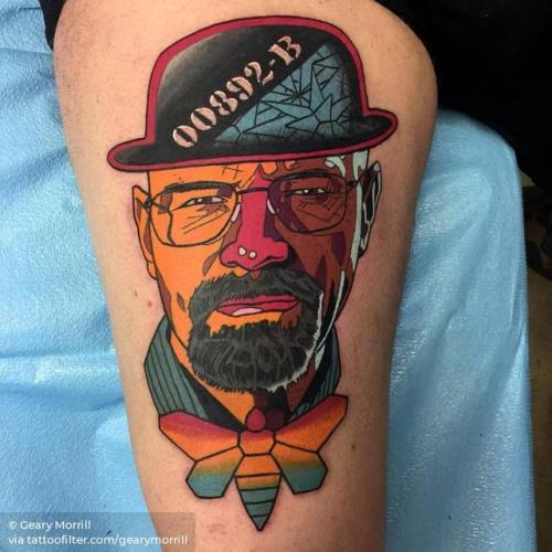 By Geary Morrill, done in Ferndale. http://ttoo.co/p/29904 fictional character;gearymorrill;big;contemporary;tv series;thigh;facebook;twitter;pop art;breaking bad;portrait;walter white