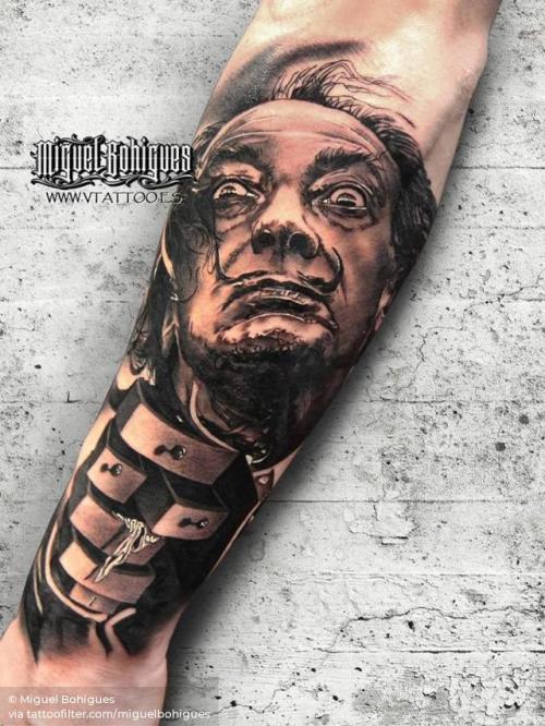 By Miguel Bohigues, done at V Tattoo, Aldaia.... spain;black and grey;patriotic;big;character;facebook;forearm;twitter;miguelbohigues;salvador dali;portrait
