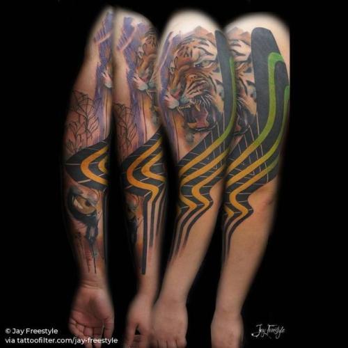 By Jay Freestyle, done at Dermadonna Custom Tattoos, Amsterdam.... tiger;feline;animal;huge;graphic;freehand;facebook;twitter;sleeve;jay freestyle