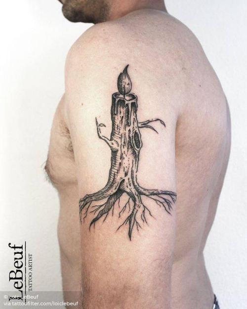By Loïc LeBeuf, done at Grotesque Tattooing, Carouge.... big;blackwork;candle;engraving;facebook;lighting;loiclebeuf;nature;other;surrealist;tree;twitter;upper arm
