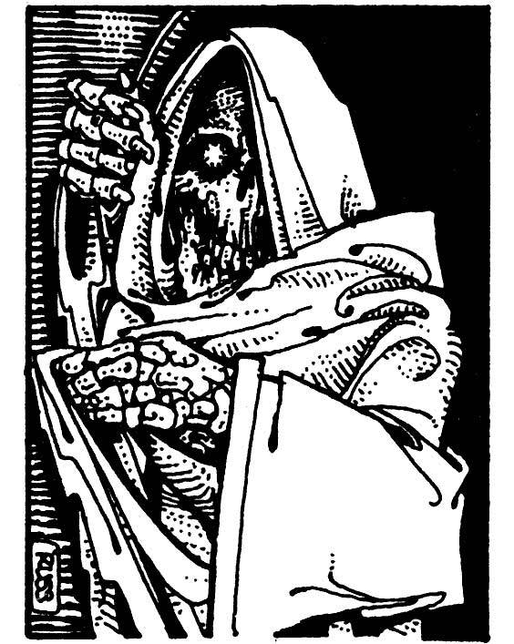 The Eye of Fear and Flame pulls back its hood to reveal a bare skull, with a magical red jewel in one eye socket and a black jewel in the other. (Russ Nicholson, AD&D Fiend Folio, TSR, 1981)
